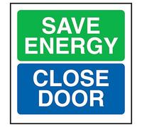 V Safety Save Energy Close Door 100 x 100 mm - 1mm Rigid Plastic Safety Sign