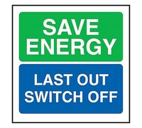 V Safety Save Energy Last Out Switch Off 100 x 100 mm - Glow In The Dark Self Adhesive Vinyl Safety Sign