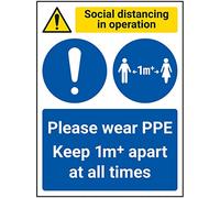 V Safety SD In Operation - Wear PPE - Keep 1M Apart - 150mm X 200mm - 1mm Rigid Plastic