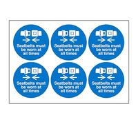 V Safety Seatbelts Must Be Worn at All Times Vinyl Labels On A Sheet 65 mm Dia - Self Adhesive Vinyl - Sheet of 6 Safety Sign