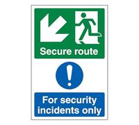 V Safety Secure Route Arrow Down Left/Security Incidents Only - Portrait 300 x 400 mm - Glow In The Dark 1mm Rigid Plastic Safety Sign