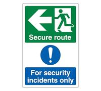 V Safety Secure Route Arrow Left/Security Incidents Only - Portrait 200 x 300 mm - Glow In The Dark Self Adhesive Vinyl Safety Sign