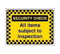 V Safety Security Check - All Items Subject To Inspection - Pattern Border 200 x 150 mm - 1mm Rigid Plastic Safety Sign