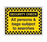 V Safety Security Check - All Persons & Bags Subject To Searches - Pattern Border 200 x 150 mm - 1mm Rigid Plastic Safety Sign
