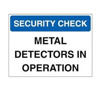 V Safety Security Check - Metal Detectors In Operation - Blue 200 x 150 mm - 1mm Rigid Plastic Safety Sign