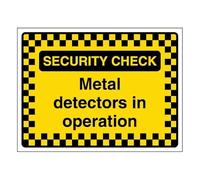 V Safety Security Check - Metal Detectors In Operation - Pattern Border 600 x 450 mm - Glow In The Dark Self Adhesive Vinyl Safety Sign