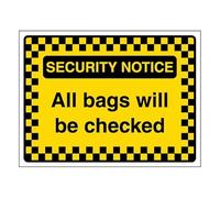 V Safety Security Notice - All Bags Will Be Checked - Pattern Border 400 x 300 mm - Glow In The Dark 1mm Rigid Plastic Safety Sign