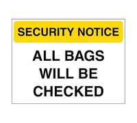 V Safety Security Notice - All Bags Will Be Checked - Yellow 600 x 450 mm - Glow In The Dark Self Adhesive Vinyl Safety Sign