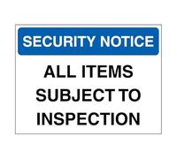 V Safety Security Notice - All Items Subject To Inspection - Blue 200 x 150 mm - Glow In The Dark 1mm Rigid Plastic Safety Sign