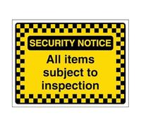 V Safety Security Notice - All Items Subject To Inspection - Pattern Border 200 x 150 mm - Glow In The Dark 1mm Rigid Plastic Safety Sign