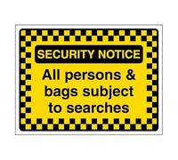 V Safety Security Notice - All Persons & Bags Subject To Searches - Pattern Border 200 x 150 mm - 2mm Rigid Plastic Safety Sign