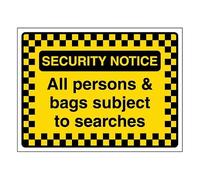 V Safety Security Notice - All Persons & Bags Subject To Searches - Pattern Border 400 x 300 mm - Glow In The Dark Self Adhesive Vinyl Safety Sign