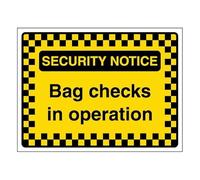 V Safety Security Notice - Bag Checks In Operation - Pattern Border 400 x 300 mm - Glow In The Dark 1mm Rigid Plastic Safety Sign