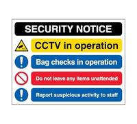 V Safety Security Notice - CCTV/Bag Checks/Unattended Items - Landscape 400 x 300 mm - Glow In The Dark 1mm Rigid Plastic Safety Sign