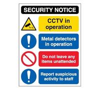 V Safety Security Notice - CCTV/Metal Detectors/Unattended Items 300 x 400mm - 3mm Aluminium Composite Safety Sign