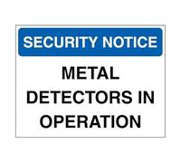 V Safety Security Notice - Metal Detectors In Operation - Blue 200 x 150 mm - 2mm Rigid Plastic Safety Sign