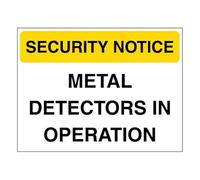 V Safety Security Notice - Metal Detectors In Operation - Yellow 200 x 150 mm - 2mm Rigid Plastic Safety Sign
