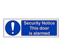 V Safety Security Notice This Door is Alarmed Sign - Landscape - 300mm x 100mm - Self Adhesive Vinyl, Blue, 18076AX-S