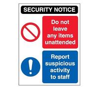 V Safety Security Notice - Unattended Items/Report Suspicious Activity To Staff 300 x 400 mm - Glow In The Dark 1mm Rigid Plastic Safety Sign