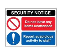 V Safety Security Notice - Unattended Items/Report Suspicious Activity To Staff - Landscape 400 x 300 mm - Glow In The Dark 1mm Rigid Plastic Safety Sign