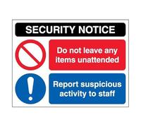 V Safety Security Notice - Unattended Items/Report Suspicious Activity To Staff - Landscape 400 x 300 mm - 3mm Aluminium Composite Safety Sign