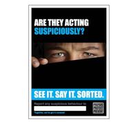 V Safety See it. Say it. Sorted. Poster - Are They Acting Suspiciously? - Standard 0.2mm Flexi-Plastic Security Awareness Posters (White, A3)