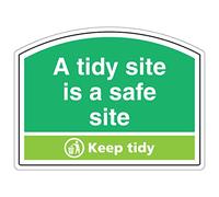 V Safety Shaped Safety Sign - A Tidy Site Is A Safe Site, Keep Tidy-400X300-1MM Rigid Plastic