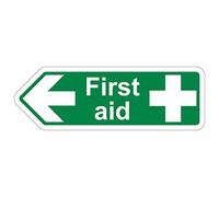 V Safety Shaped Safety Sign - First Aid Arrow Left - 300X100 - Self Adhesive Vinyl