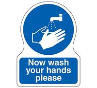 V Safety Shaped Safety Sign - Now Wash Your Hands Please - 300X400 - Self Adhesive Vinyl