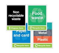 V Safety Simpler Recycling ‘Recycle Here’ Sign 4-Pack | Clear Waste Segregation Signs | Durable & Easy to Read | Made in UK (Multi, 300 x 400 mm)