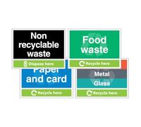 V Safety Simpler Recycling ‘Recycle Here’ Sign 4-Pack | Clear Waste Segregation Signs | Landscape | Durable & Easy to Read | Made in UK (Multi, 600 x 450 mm)