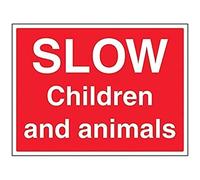 V Safety Slow, Children And Animals Sign - 400mm x 300mm - Self Adhesive Vinyl