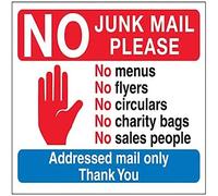 V Safety Stop Hand: No Junk Mail Please, Thank You Sign - 200mm x 150mm - Self Adhesive Vinyl
