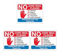 V Safety Stop Hand Symbol: No Junk Mail Please, No Menus... 150 x 100 mm - 2mm Rigid Plastic Safety Sign (Pack of 3)