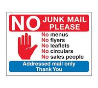 V Safety Stop Hand Symbol: No Junk Mail Please, No Menus... 150 x 100 mm - 3mm Aluminium Composite Safety Sign