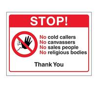 V Safety Stop! No Cold Callers, No Canvassers, No Sales...Thank you 150 x 100 mm - Self Adhesive Vinyl - Aluminium Effect Safety Sign