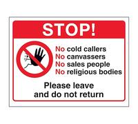 V Safety Stop! No Cold Callers, No...Please Leave and Do Not Return 200 x 150 mm - 1mm Rigid Plastic Safety Sign