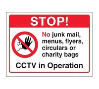 V Safety Stop! No Junk Mail, Menus, Flyers...CCTV in Operation 150 x 100 mm - Glow In The Dark Self Adhesive Vinyl Safety Sign