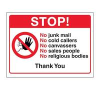 V Safety Stop! No Junk Mail, No Cold Callers, No Canvassers...Thank You 200 x 150 mm - 2mm Rigid Plastic Safety Sign