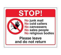 V Safety Stop! No Junk Mail, No Cold...Please Leave and Do Not Return 150 x 100 mm - Glow In The Dark Self Adhesive Vinyl Safety Sign