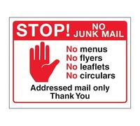 V Safety Stop! No Junk Mail, No Menus...Addressed Mail Only, Thank You 150 x 100 mm - 3mm Brushed Aluminium Composite Safety Sign