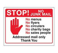 V Safety Stop! No Junk Mail, No Menus...Addressed Mail Only, Thank You 200 x 150 mm - 1mm Rigid Plastic Safety Sign