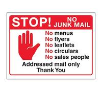V Safety Stop! No Junk Mail, No Menus, No...Addressed Mail Only, Thank You 200 x 150 mm - 1mm Rigid Plastic Safety Sign