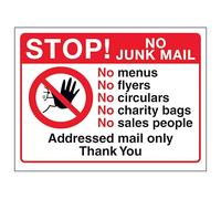 V Safety Stop! No Junk Mail, No Menus, No...Addressed Mail, Thank You 200 x 150 mm - Glow In The Dark Self Adhesive Vinyl Safety Sign