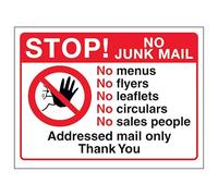 V Safety Stop! No Junk Mail - No Menus, No Flyers, No Circulars, No Sales... 150 x 100 mm - 2mm Rigid Plastic Safety Sign