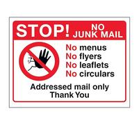 V Safety Stop! No Junk Mail - No Menus, No Flyers, No Leaflets, No Circulars... 150 x 100 mm - 1mm Rigid Plastic Safety Sign