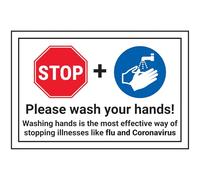 V Safety STOP/Please Wash Your Hands 150 x 100 mm - 1mm Rigid Plastic Safety Sign