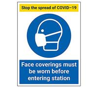 V Safety Stop The Spread - Face Coverings Must Be Worn - 300x400mm - Self Adhesive Vinyl