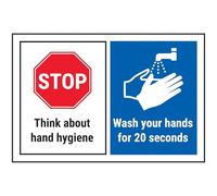 V Safety STOP/Think About Hygiene/Wash Your Hands For 20 Seconds 150 x 100 mm - Self Adhesive Vinyl - Aluminium Effect Safety Sign