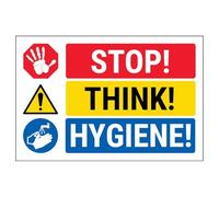 V Safety STOP! THINK! HYGIENE! 150 x 100 mm - Self Adhesive Vinyl - Aluminium Effect Safety Sign